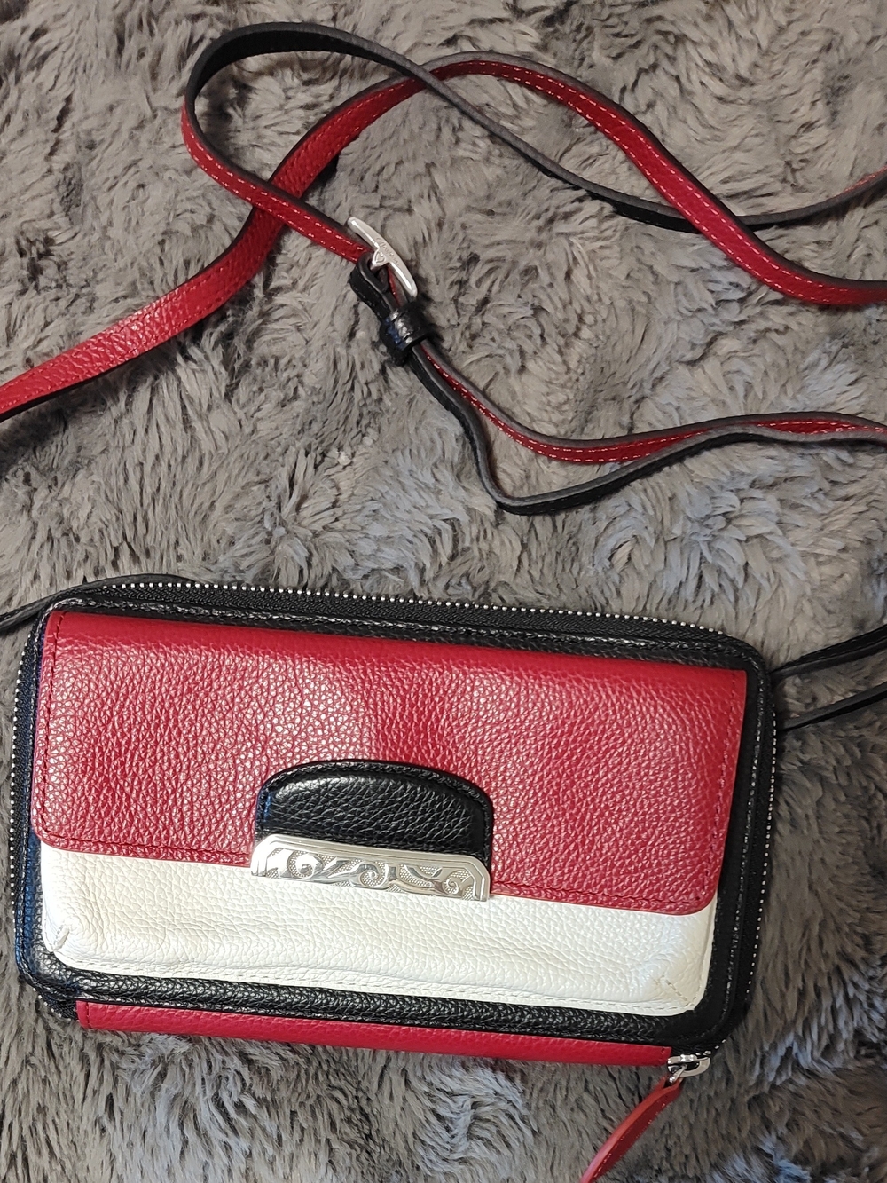 Brighton Red,White,Black Colorblock Cachet Crossbody/Organizer Pebbled Leather